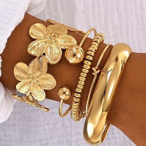 iF YOU Gold Bangle Bracelets for Women, Dainty Knot 14K Gold Plated Multi Layer Bangle Cuffs, Personalized Boho Chunky Bracelets for Women Jewelrys Set Gifts - color: gold-lb-2