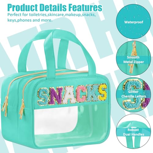 BuyCard Chenille Letter Clear Makeup Bags, Snacks Bag for Travel, Preppy Patch Nylon Cosmetic Bag with Handles and Zipper, Waterproof Large Clear Travel Toiletry Bag Storage Bag for Women Green - color: Green-Snacks