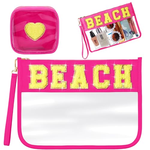 Hillban 2 Pcs Beach Makeup Bag Clear Cosmetic Toiletry Pouch Chenille Letter Patch Bags Preppy Summer Waterproof PVC Travel Purse Snack Portable Storage for Women - style: Beach Theme