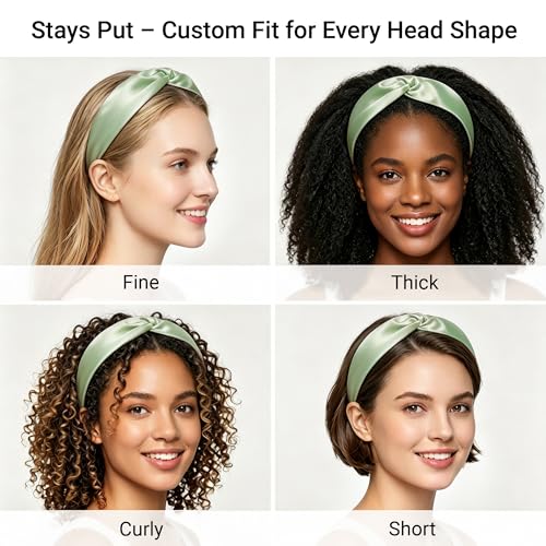 ZLYC Mulberry Silk Headband Elastic Twist Knotted Head Bands for Women's Hair, Solid Avocado Cream - color: Solid Avocado Cream