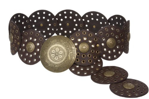 Beltiscool 3 1/2" (90 mm) Wide Ladies Wide Boho Disc Concho Leather Belt - color: Brown, size: S - 39 END-TO-END