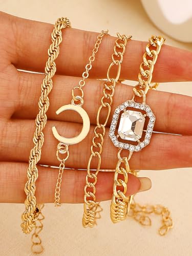 Alegend Titanium Steel (Not Rust, Resist Corruption, Easily Clean) 18K Gold Plated Single Bracelets + 14K Gold Plated Stackable Multilayer Bracelets - style: 14K Gold Plated Four-Layered
