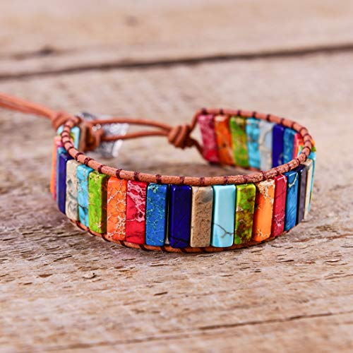 YGLINE Boho Handmade Wrap Leather Tube Crystal Stone Bracelet for Women - color: chakra stone