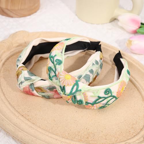 TURTLEDOVE 2 PCS Celtic Flowers Embroidered Headbands, White with Multicolor Flowers, Knotted Design, Wide Fashion Hair Accessory (Green) - color: Green