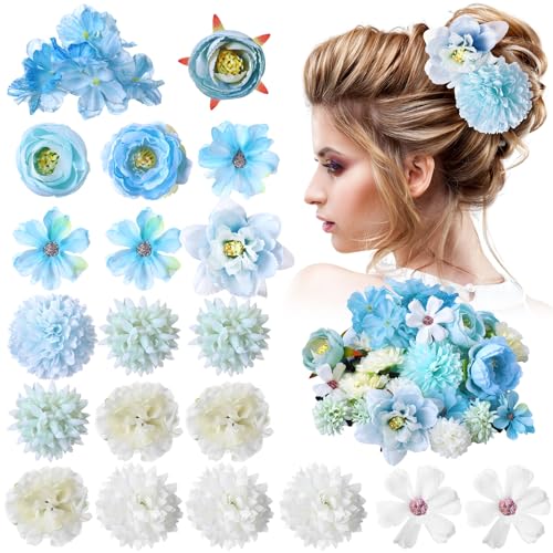 BBTO 21 Pcs Flower Hair Clip Rose Hair Clips Barrettes for Women Flower Accessories Boho Bride Claw Clip Hairpin Brooch Pin Headpiece for Wedding (White,Blue) - color: White, Blue