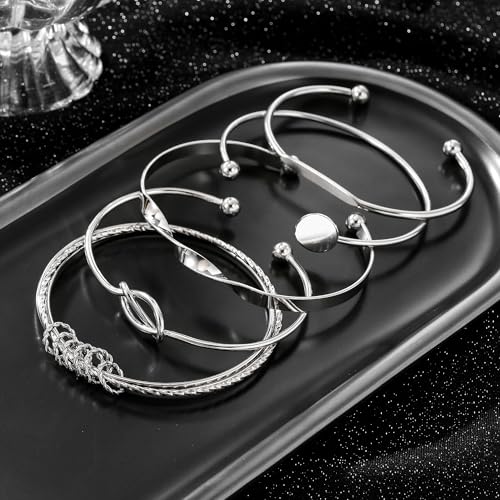 Gold Bangles for Women, 12 Pcs Boho Stackable Bracelets Multi Layer Textured Chunky Bracelets Jewelry Set for Women - color: 5 pcs silver bangles