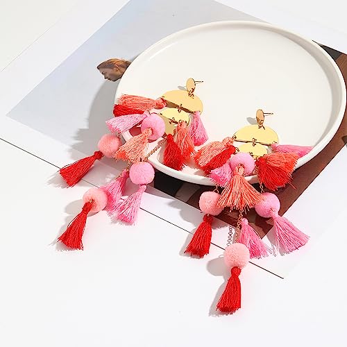 Long Tassel Earrings for Women Colorful Fringe Drop Dangle Earrings Bohemian Hawaiian Summer Beach Jewelry for Womens Vacation Outfits - color: Pink