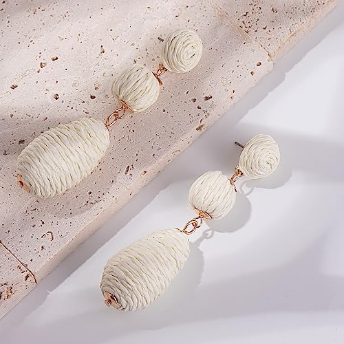 Boho Raffia Earrings Statement Dangle Earrings Cute Teardrop Ball Earrings Colorful Summer Jewelry Handmade Rattan Earrings for Women - color: White
