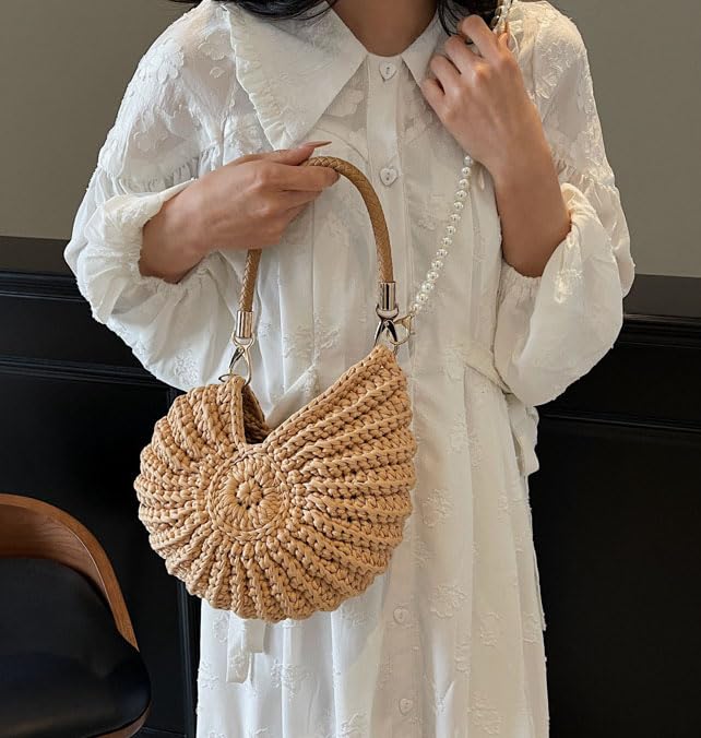Handmade Crochet Tote Bag Seashell Purse for Women Boho Shell Handbag Crossbody Shoulder Bag Summer Beach Clutch Hobo Handbag - color: Khaki