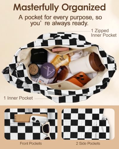 Miss Adola Crossbody Corduroy Tote Bag for Women, Large Tote Bag with Multi-Pockets and Zipper for Travel Work - color: Black and White Checkerboard