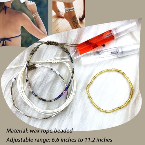 Beach Summer Ankle Bracelet for Women Handmade Braided Adjustable String Anklets Waterproof Surfer Bracelet - color: Brown