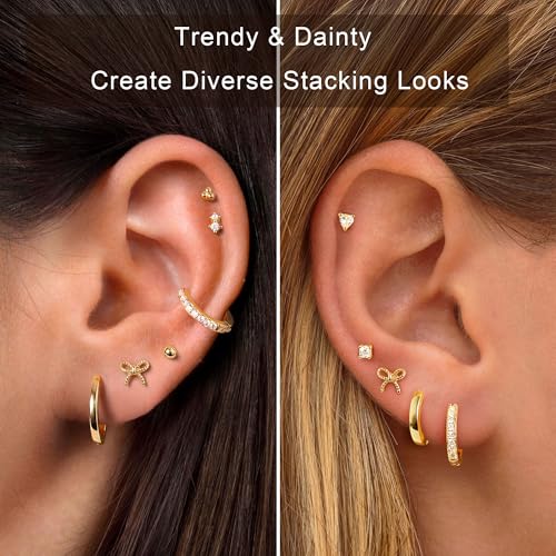 M MOOHAM Hypoallergenic Flat Back Earring Stack for Women Teen Girls, 14K Gold Plated Small Huggie Hoop Earrings Trendy Dainty Gold Cartilage Stud Earring Stacks Set Jewelry Gifts for Women Girls - color: 14K-Gold-Plated