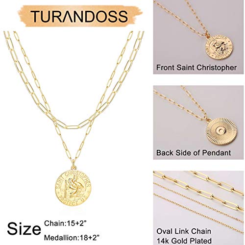 Turandoss 14K-Gold-Plated Necklaces for Women - Lock Evil Eye Medallion Vintage Coin Necklace Bee Sun Moon Shell Chain Necklace Layered Paperclip Chain Necklaces for Women Jewelry Gifts - style: "5-St. Christopher Pendant