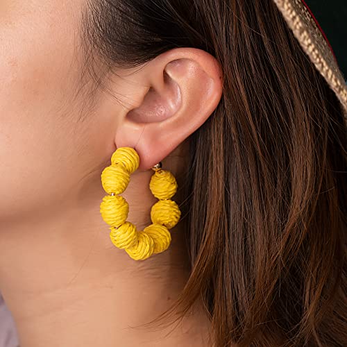 Raffia Hoop Earrings Statement Boho Beaded Earrings Cute Rattan Handmade Colorful Jewelry for Women Unique Summer Outfits - color: Yellow
