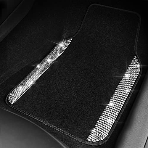 CAR PASS 3 Row Bling Diamond Car Mats Shining Carpet Rhinestones Sparkly Glitter Floor Mats Anti-Slip PVC Heel Pad Universal for Automotive SUV,Sedan,Van, 3rd Row 2 Rear for Girl Women, Black Silver - color: Black White