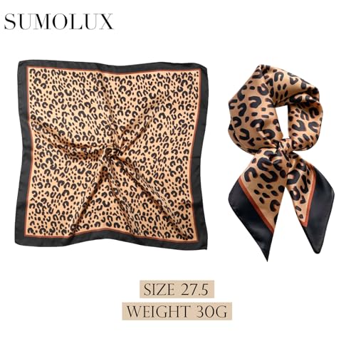 Sumolux Head Hair Scarf for Women Like Satin Silk Scarf Bandana Hair Wrapping Night Large Square Scarves 27.5" - color: Brown Leopard Print