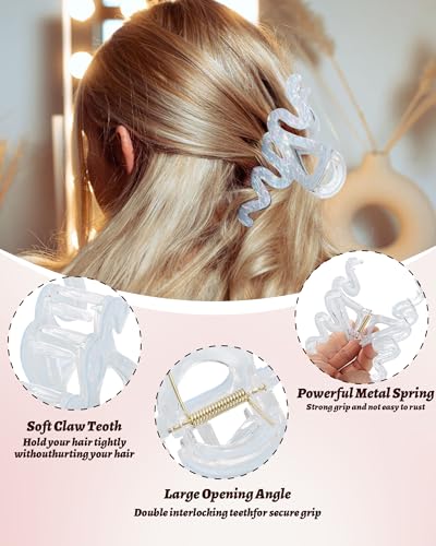 4Pcs Large Hair Claw Clips, Nonslip Cute Jelly Hair Clips for Thick Hair and Long Hair - color: Wave-White + Pink + Blue + Cyan