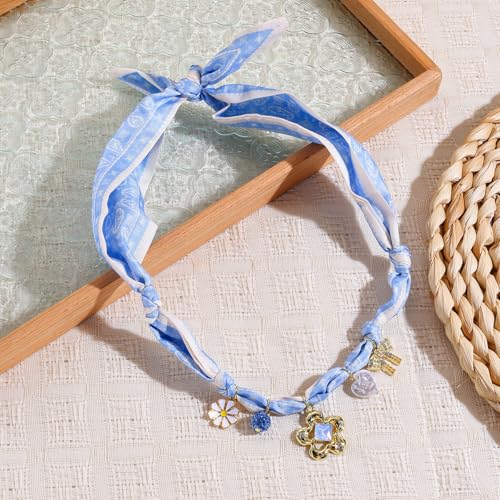 Scarf Long Fabric Colorful Silk Scarves Multi Pendant Necklace For Women Statement Boho Choker Twisted Ribbon Band Pearl Accent Heart Maple Leaf Bee Daisy Dragonfly Star Green Gem Charms - color: Blue Bow