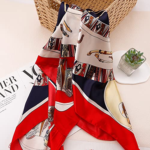 NZKNP Silk-Like Head Scarf - Women's Bandana Wraps - color: 27-red and Navy, size: 35"*35"