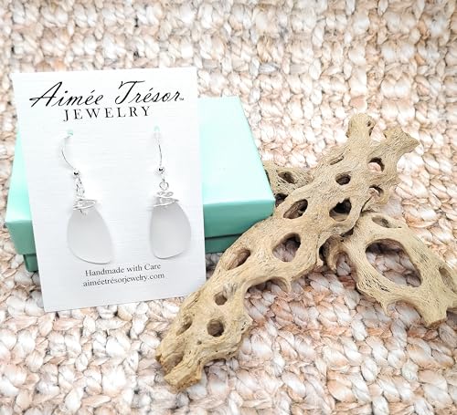 Popular Recycled Sea Glass Earrings on Sterling Silver Hooks - color: White 2
