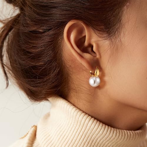 Moodear Dainty Pearl Dangle Earrings for Women - Trendy 14K Gold Plated Pearl Hypoallergenic Drop Earring Wedding Jewelry Gift - style: gold pearl earring