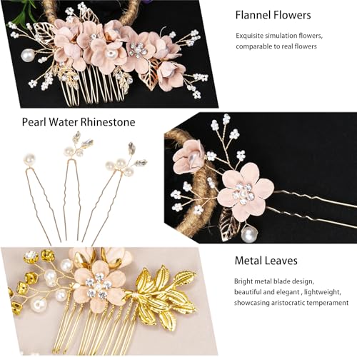 Floral Hair Comb Set for Women - 10PCS Bridesmaid Hair Accessories with Pink Flower Hairs Pins, Victorian Hair Clips for Wedding, Prom, Mother of Bride, Flower Girl (Rose Gold, Fake Flowers) - color: Pink
