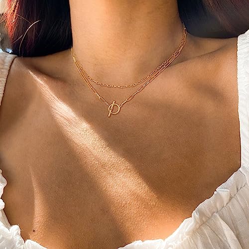 CHESKY Layered Necklaces for Women, 14K Gold Plated Chain Necklace Women Trendy Cuban Link Paperclip Chain Toggle Clasp Necklace Fashion Chunky Jewelry for Women - style: Paperclip Figaro-GD