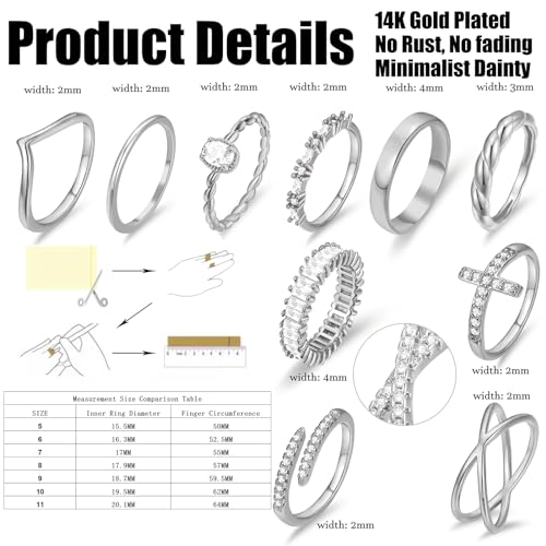 10 PCS 14K Gold Plated Rings Set for Women, Dainty Gold Knuckle Ring Non Tarnish, Simple Thumb Stacking Rings Pack Size 6/7/8/9/10 - color: silver