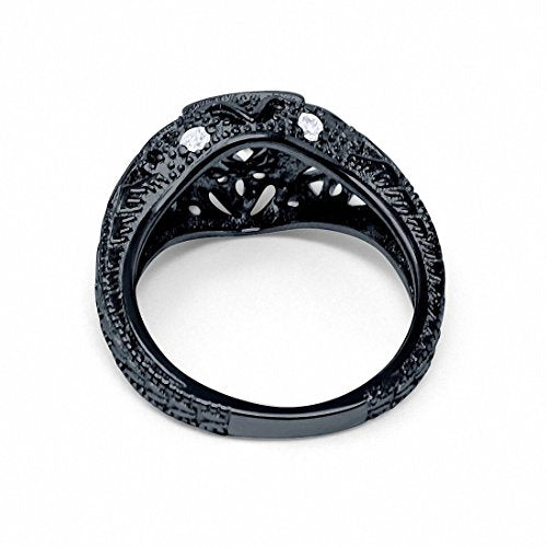 Blue Apple Co. Art Deco Ring Round Cubic Zirconia Leaf Filigree Design Split Shank Twisted Band Bridal Statement Wedding Engagement Rings For Women 925 Sterling Silver Gifts For Her - color: Black Tone, Simulated Cubic Zirconia