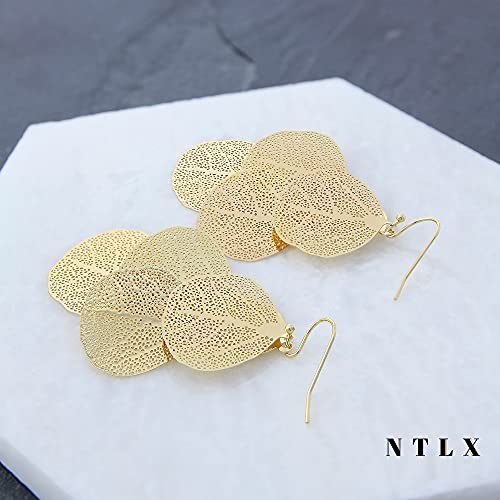 Bohemian Boho Filigree Leaf Chandelier Dangle Earrings for Women – Handcrafted Delicate – 14K Gold Plated – Lightweight - style: Gold - 3 Layered Circle Leaf Chandelier