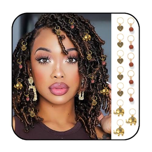 Formery Beads Dreadlock Clip Accessories Gold Elephant Box Braid Rings Heart African Hair Charms Jewelry for Black Women (13PCS)