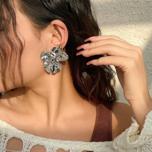 Statement Chunky Gold Large Silver Earrings for Women Trendy, Big Irregular Geometric Dainty Liquid Metal Stud Earrings Simple Prom Party Jewelry Gift - color: Silver -Cute