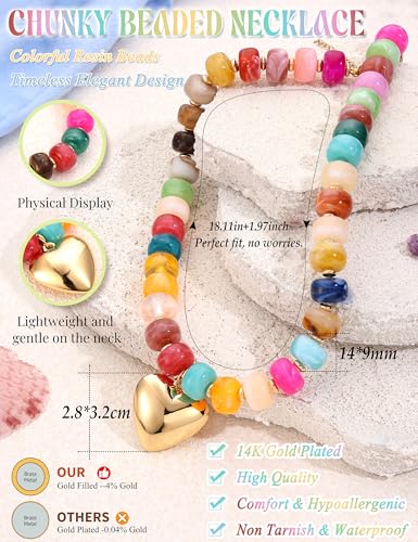 Besteel Chunky Beaded Necklace for Women - Colorful Resin Bead Choker Statement Necklaces with Gold Conch Heart Pendant Trendy Boho Large Summer Beach Jewelry - style: Heart