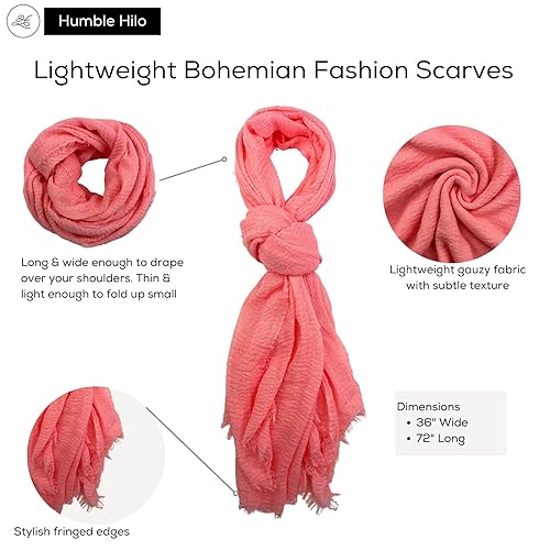 Humble Hilo Womens Woven Bohemian Style Gauze Scarf,Shawl, Head Wrap Fringed Edge Lightweight, Long Folds Small - color: Burgundy