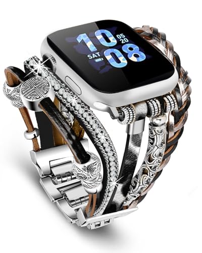 Compatible with Apple Watch Band 40mm for Women, Boho Bracelet for Apple Watch 38mm 41mm, Multilayer Leather Wrap Braided Strap for iWatch Series 11/10(42mm)/9/8/7/6/5/4/3/2/1/SE Leopard Black - color: A-Leopard Black, size: 42(series 11/10)/41/40/38mm