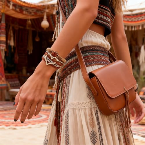 Long tiantian Leather Bracelets for Women Warp Bracelet Stackable Boho Layered Bracelet Chunky Heart Trendy Birthday Gifts for Her - color: B12:Bohemian Bracelet(Brown)