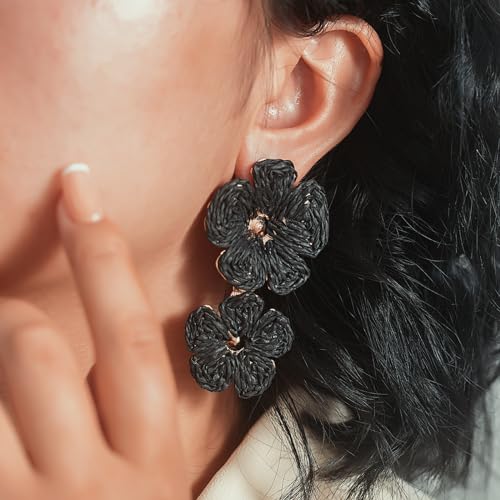 Boho Flower Earrings Statement Raffia Dangle Earrings Cute Floral Jewelry Trendy Summer Beach Vacation Outfits for Women - color: Black