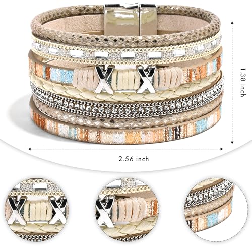 VIBILIA Boho Leather Wrap Bracelets for Women Multi-Layer Bracelets with Strong Clasp Jewelry for Women - color: 02-XxMilletBead-Khaki