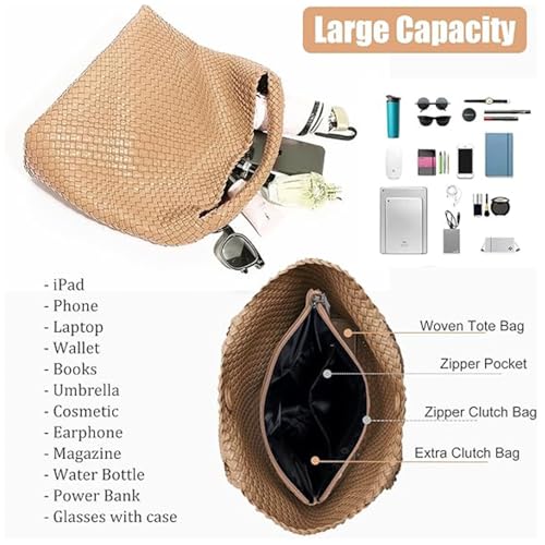 Geelyda Woven Tote Bag for Women with Purse, Fashion Shoulder Hobo Underarm Bags, Large Woven Handmade Work Commuter Day Bags - color: Apricot