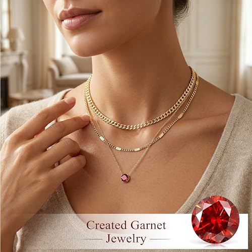 WomenGifts Layered Gold Necklaces for Women, 14K Gold Sterling Silver Plated Dainty Pendant Necklace Set Non Tarnish, Chunky Stackable Cuban Chain Choker, Trendy Birthstone Vacation Jewelry Gift - color: Gold, style: Cubic Zirconia-Created Garnet-Jan