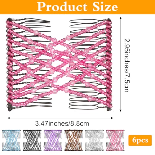 6Pcs Magic Hair Comb Stretchy Hair Clip Adjustable Beaded Hairpins Elastic No Crease Double Pins Vintage Bun Maker Accessories for Women Ladies Curly Thick Wavy Ponytail Christmas