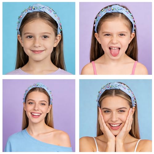 Sucrain Pearl Knotted Headbands for Women Girls Colorful Jeweled Embellished Gem Faux Pearl Cross Knot Twisted Hairband Turban Headband Hair Accessories