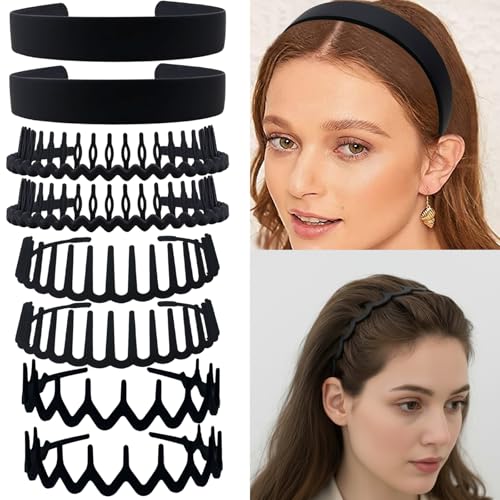 Set of 8 Non Slip Plastic Headbands for Women Men Teen and Girls, Black Matte Material Hair Bands, Wide and Skinny Head Bands with Teeth Comb (4 Styles Set 1) - size: 1 Count (Set of 8 headbands, 4 styles Set 1)