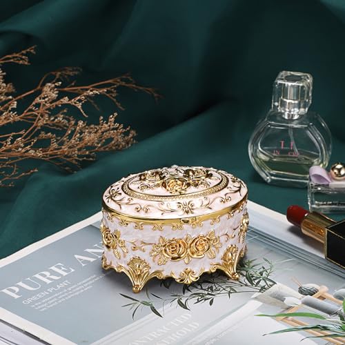 Hipiwe Vintage Metal Jewelry Box - Oval Trinket Organizer Ring Box Case with Rose Pattern Jewelry Storage Box for Ring Earrings Necklace, Gift for Women - color: Beige