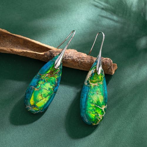 SELOVO Stone Fishhook Dangle Drop Earrings Statement Earrings for Women Stone - color: Blue&Green-Silver Color Hook
