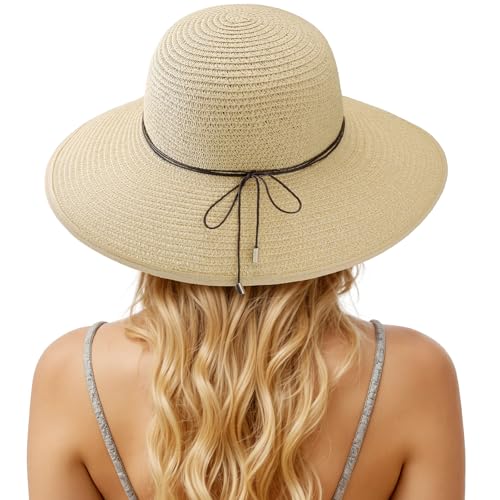 Sun Hats for Women, Straw Hats UPF 50+ Sun Protection, Wide Brim Womens Beach Hat for Summer Travel - color: Beige