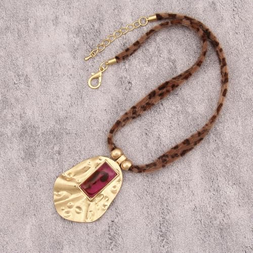 Boho Necklace for Women Adjustable Silicone Rope with Gold Beaded Pendant Chunky Handmade Vintage Jewelry - style: Leopard Red Stone Necklace
