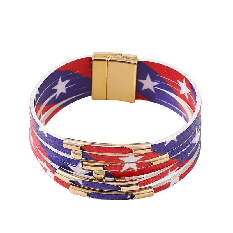 Leather Wrap Cuff Bracelets 4th of July America Patriotic Flag Wristbands Gold Tube Bangle Red White Blue Star Stackable Multi Strand Bracelets Bohemian Holiday Jewelry for Women Teen Girls