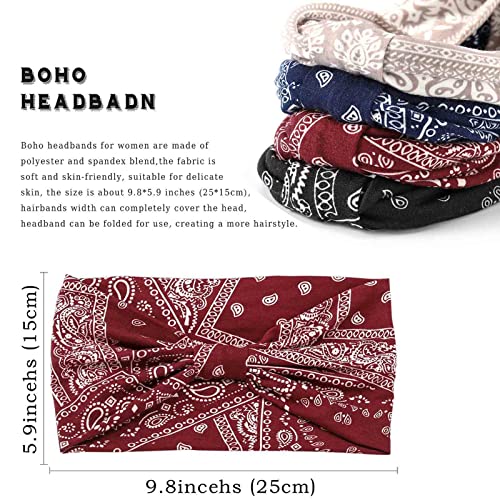 Acenail Boho Headbands Wide Head Bands Knotted Turban Headband Nonslip Elastic Hairbands Floral Hairband Workout Hair Scarfs Yoga Sweatbands Bohemian Head Wraps for Women 4Pcs (#4 Bohemian)