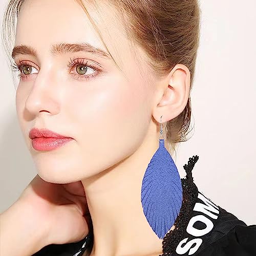 Large Genuine Soft leaf Leather Handmade Fringe Tassel Feather Lightweight Tear Drop Dangle Color Earrings for Women - color: Blue